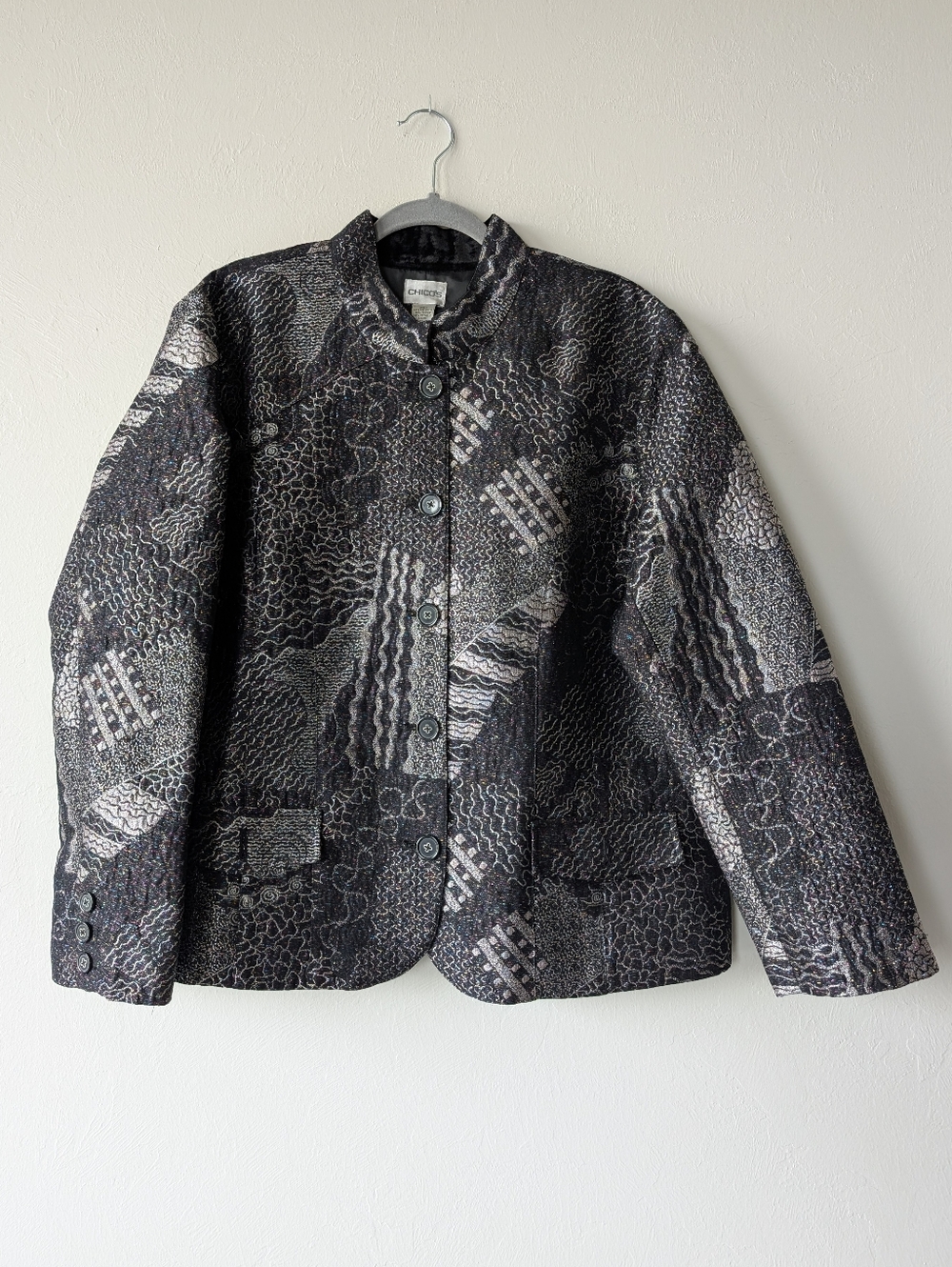 Chico's Lizbeta Textured Festive Shimmer Glam Jacket Blazer Size 3 Metallic